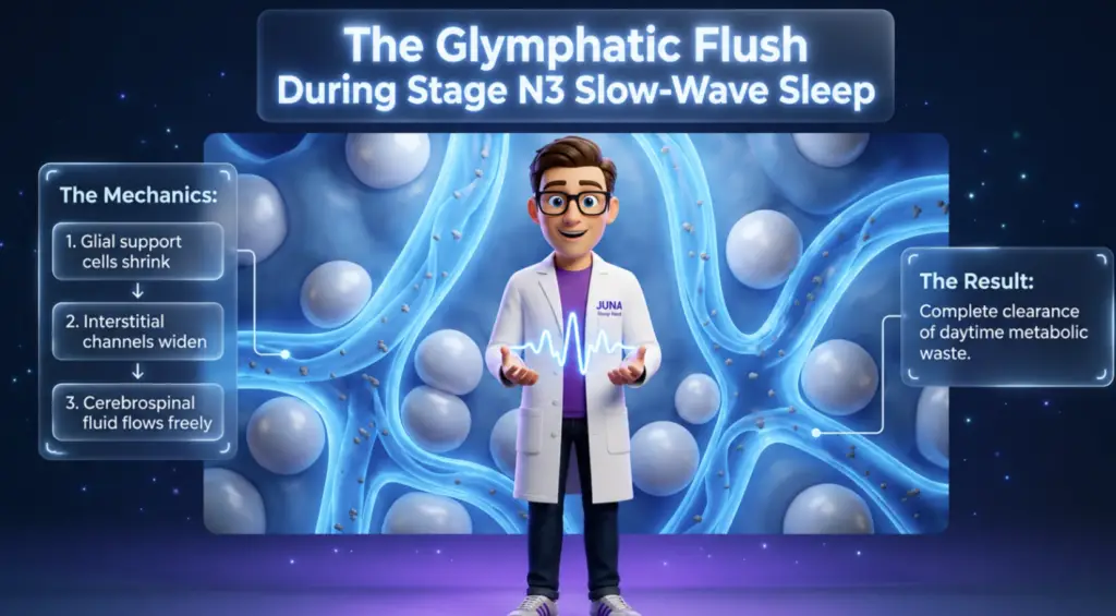 An educational sleep infographic titled "The Glymphatic Flush During Stage N3 Slow-Wave Sleep" for JUNA Sleep Systems. A cartoon sleep expert stands in the center, holding a glowing blue brainwave symbol. He is positioned in front of a background diagram showing smooth, round white cells tucked inside open, glowing blue fluid channels.
