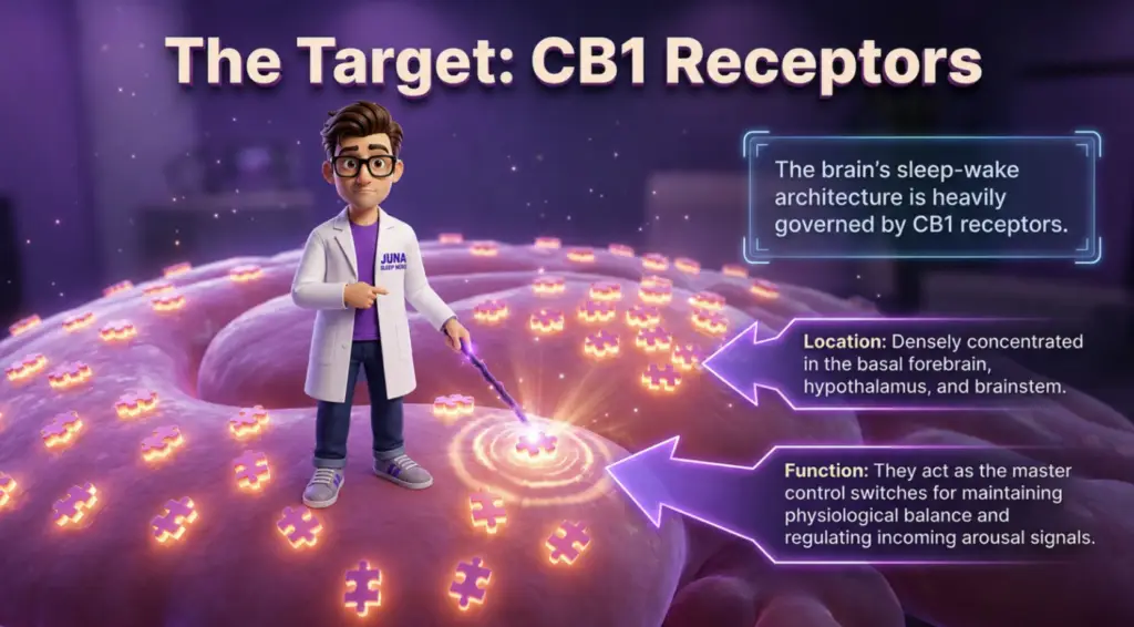 Cartoon Juna Sleep Nerd pointing with a glowing wand at puzzle-piece-shaped CB1 receptors on a brain model, with text explaining their location and function in sleep regulation.