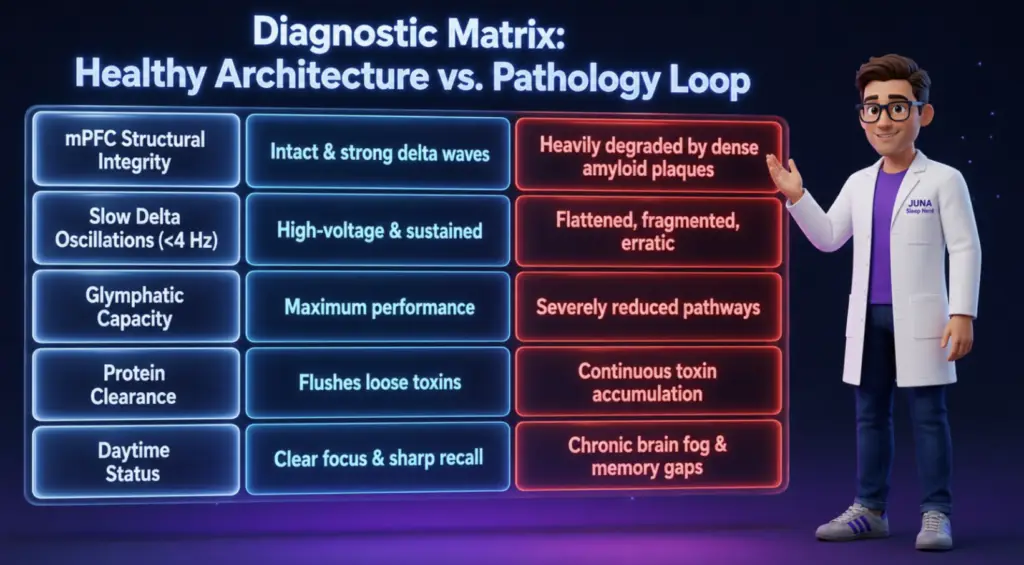 An educational medical infographic titled "Diagnostic Matrix: Healthy Architecture vs. Pathology Loop" for JUNA Sleep Systems. A cartoon sleep expert gestures toward a comparison matrix table that contrasts healthy brain function in blue boxes with degenerative pathology symptoms in red boxes across categories like Glymphatic Capacity and Protein Clearance.