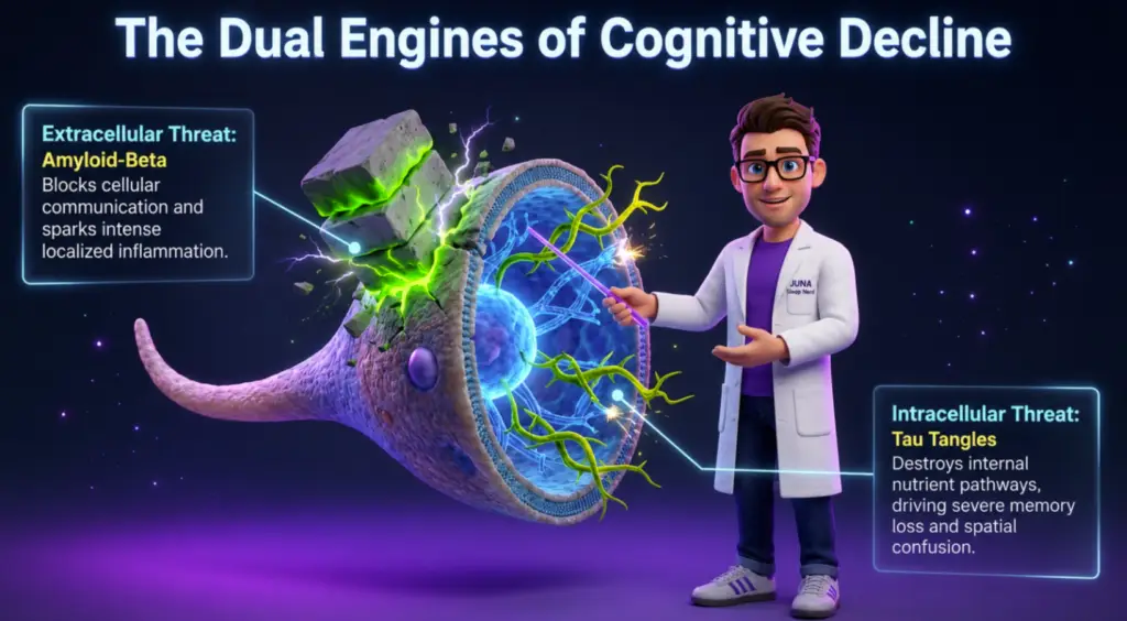 An educational science infographic titled "The Dual Engines of Cognitive Decline" for JUNA Sleep Systems. A cartoon sleep expert uses a purple laser pointer to explain a cross-section of a damaged brain cell. The graphic details the impact of an "Extracellular Threat: Amyloid-Beta" breaking the cell wall from the outside, and an "Intracellular Threat: Tau Tangles" destroying it from the inside.
