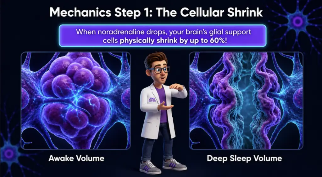 An educational infographic titled "Mechanics Step 1: The Cellular Shrink" for JUNA Sleep Systems. A cartoon sleep expert gestures between two comparison panels labeled "Awake Volume" and "Deep Sleep Volume," which visually depict how brain glial support cells physically shrink to open up channels during sleep.