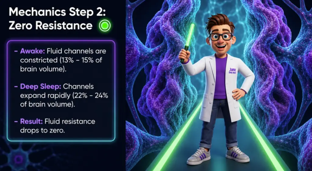 An educational sleep infographic titled "Mechanics Step 2: Zero Resistance" for JUNA Sleep Systems. A cartoon sleep expert holds a glowing green light saber wand while standing on an open neon-green path framed by wavy, textured purple brain pathways. A text box on the left contrasts fluid channels during wakefulness versus deep sleep.