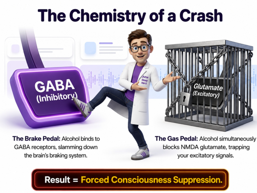 Juna-Sleep-Systems-Chemistry-Of-A-Crash-Infographic An educational science infographic titled "The Chemistry of a Crash" for JUNA Sleep Systems. A cartoon sleep expert steps down on a large purple car brake pedal labeled "GABA (Inhibitory)" while gesturing toward a gas pedal labeled "Glutamate (Excitatory)" locked inside a metal cage with chains.