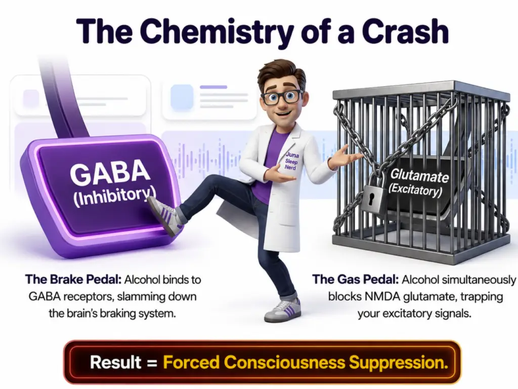 An educational science infographic titled "The Chemistry of a Crash" for JUNA Sleep Systems. A cartoon sleep expert steps down on a large purple car brake pedal labeled "GABA (Inhibitory)" while gesturing toward a gas pedal labeled "Glutamate (Excitatory)" locked inside a metal cage with chains.