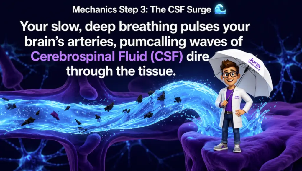 An educational sleep infographic titled "Mechanics Step 3: The CSF Surge" for JUNA Sleep Systems. A cartoon sleep expert holding a white umbrella stands on a purple, organic brain tissue structure as a rushing river of glowing blue cerebrospinal fluid flows past him, flushing away dark debris particles.