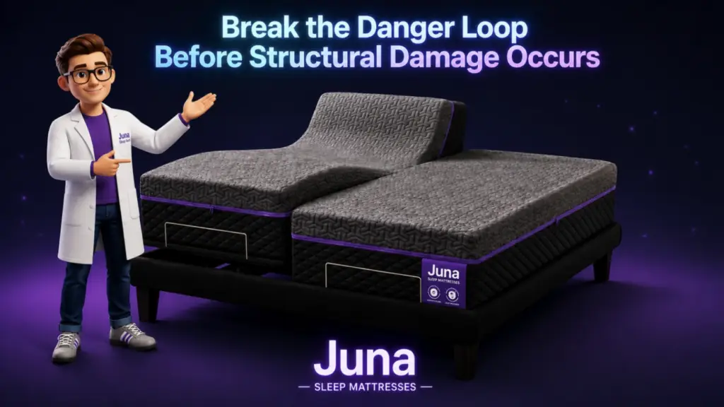A promotional product infographic titled "Break the Danger Loop Before Structural Damage Occurs" for JUNA Sleep Systems. A cartoon sleep expert gestures toward a premium split-adjustable Juna mattress set, featuring textured charcoal gray upholstery with purple zipper accents on a black bed frame.