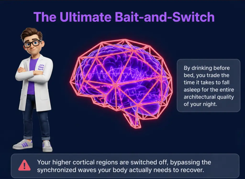 An educational infographic titled "The Ultimate Bait-and-Switch" for JUNA Sleep Systems. On a dark background, a cartoon sleep expert stands with crossed arms next to a glowing purple brain trapped inside a red geometric cage. Text boxes explain how drinking before bed sacrifices sleep architecture and switches off higher cortical regions.