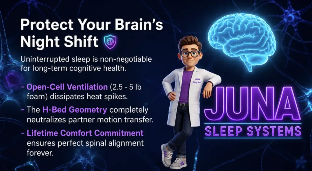 An educational product marketing infographic titled "Protect Your Brain's Night Shift" for JUNA Sleep Systems. A cartoon sleep expert leans casually against a large, glowing purple "JUNA SLEEP SYSTEMS" logo beneath a bright neon-blue model of a human brain. The left side highlights product features that support long-term cognitive health through uninterrupted sleep.