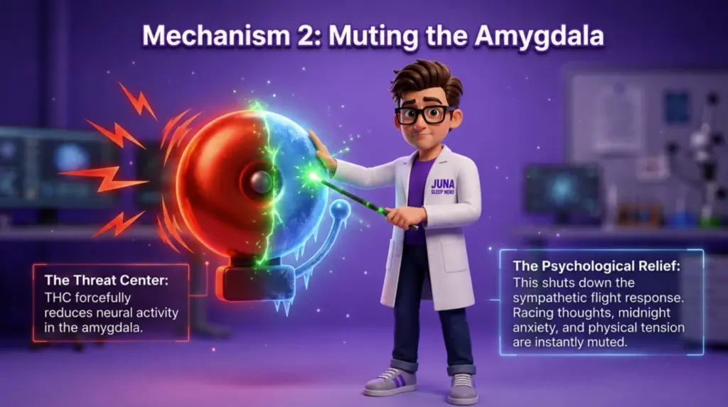 Cartoon Juna Sleep Nerd using a wand to freeze a ringing alarm bell, with text panels explaining how reducing activity in the brain's threat center quiets racing nighttime thoughts.