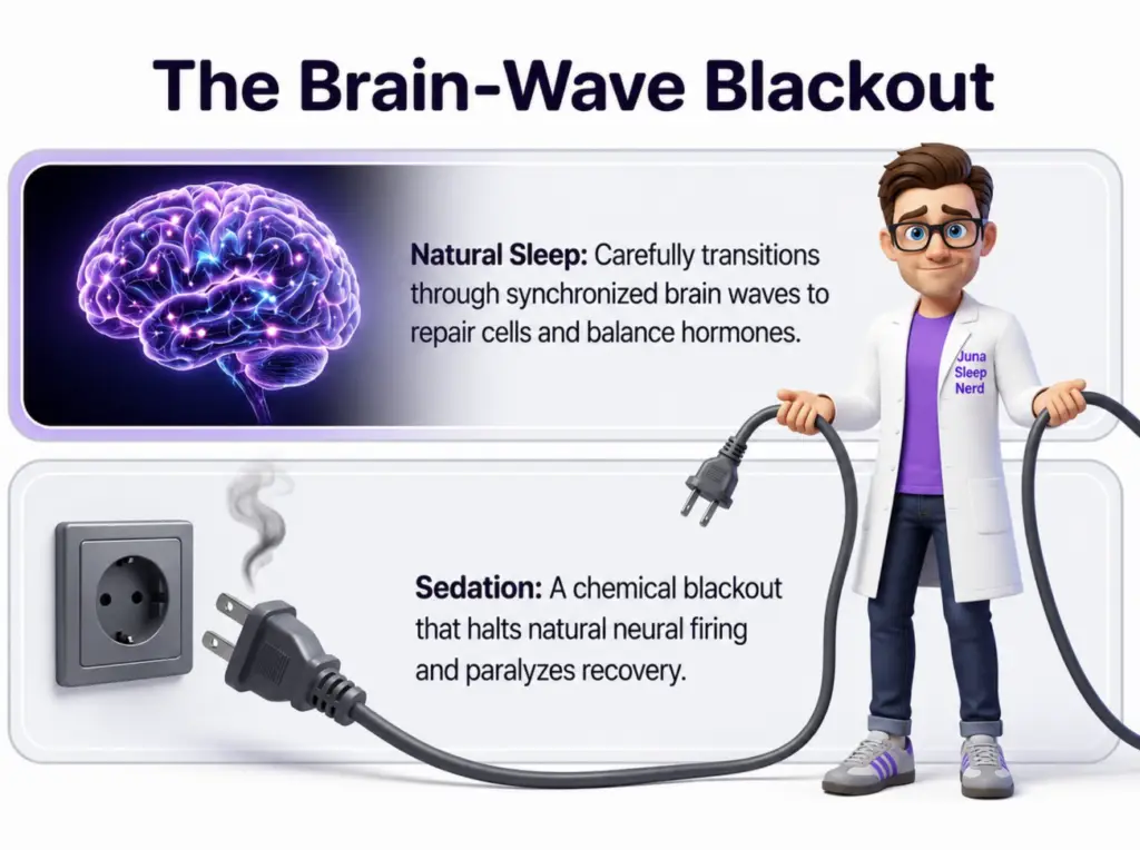 An educational sleep infographic titled "The Brain-Wave Blackout" for JUNA Sleep Systems. A cartoon sleep expert stands on the right, holding a disconnected power cord next to a wall outlet that has a smoking plug nearby. The chart contrasts a glowing purple brain representing natural sleep with a section below explaining chemical sedation.