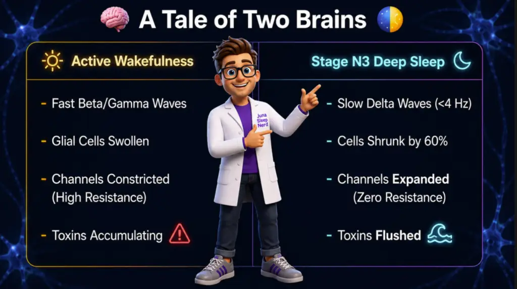 An educational infographic titled "A Tale of Two Brains" for JUNA Sleep Systems. A cartoon sleep expert points between two contrasting lists comparing the neurological states of "Active Wakefulness" on the left and "Stage N3 Deep Sleep" on the right.